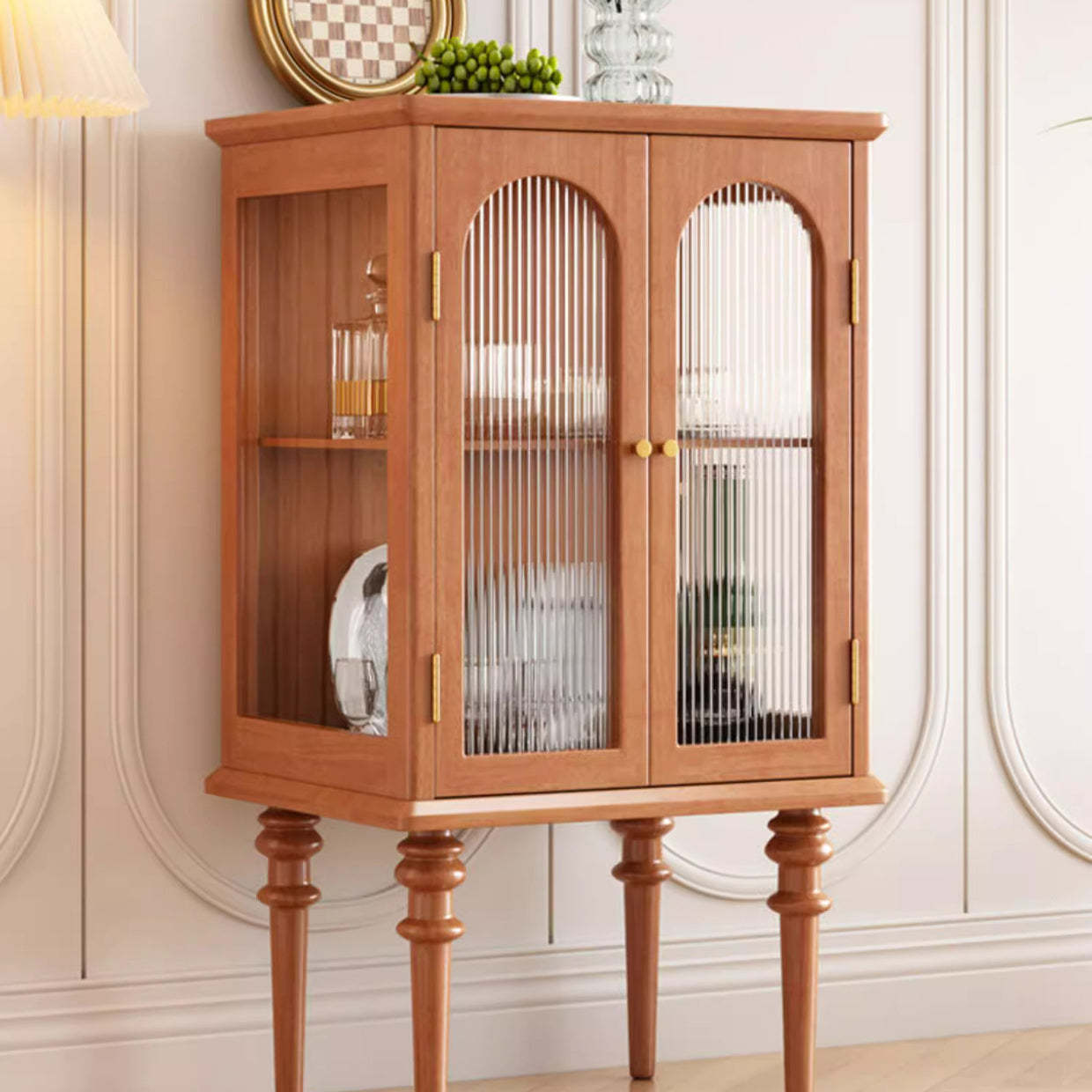 Scandinavian Solid Wood Glass Metal Side Table with Cabinet