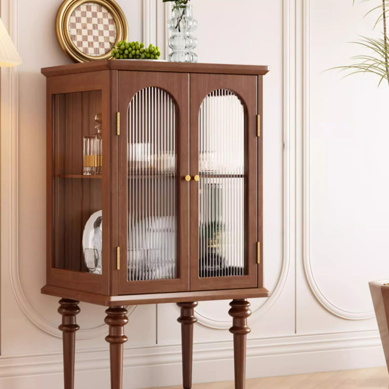 Scandinavian Solid Wood Glass Metal Side Table with Cabinet
