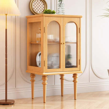 Scandinavian Solid Wood Glass Metal Side Table with Cabinet