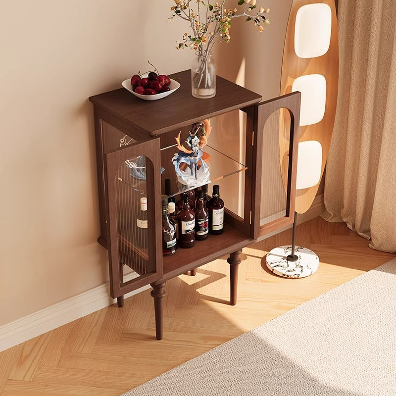 Scandinavian Solid Wood Glass Metal Side Table with Cabinet