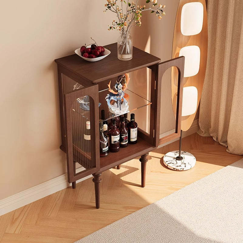 Scandinavian Solid Wood Glass Metal Side Table with Cabinet