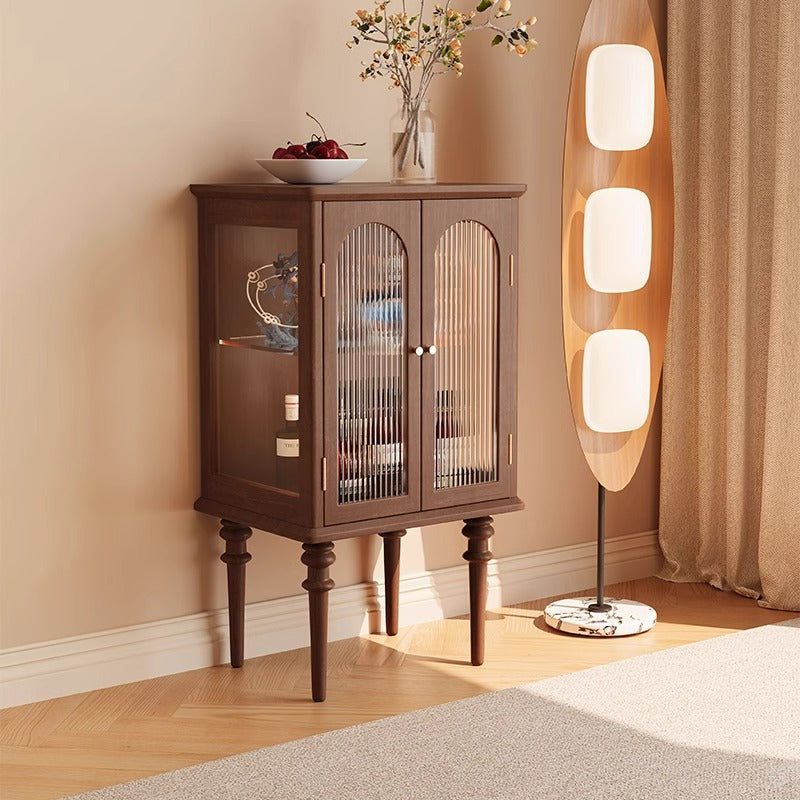 Scandinavian Solid Wood Glass Metal Side Table with Cabinet — Cherry Wood Color
