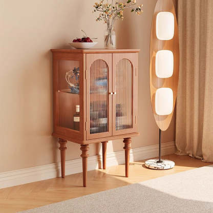 Scandinavian Solid Wood Glass Metal Side Table with Cabinet — Original Wood Color