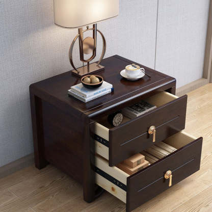 Chinese Solid Wood Brass Rounded 2-Drawer Nightstand
