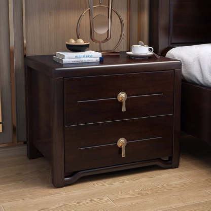 Chinese Solid Wood Brass Rounded 2-Drawer Nightstand