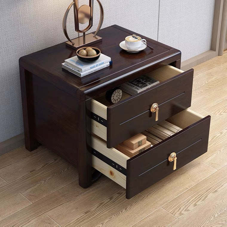 Chinese Solid Wood Brass Rounded 2-Drawer Nightstand