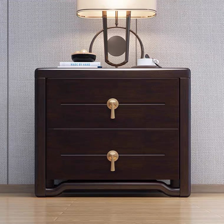 Chinese Solid Wood Brass Rounded 2-Drawer Nightstand — Black