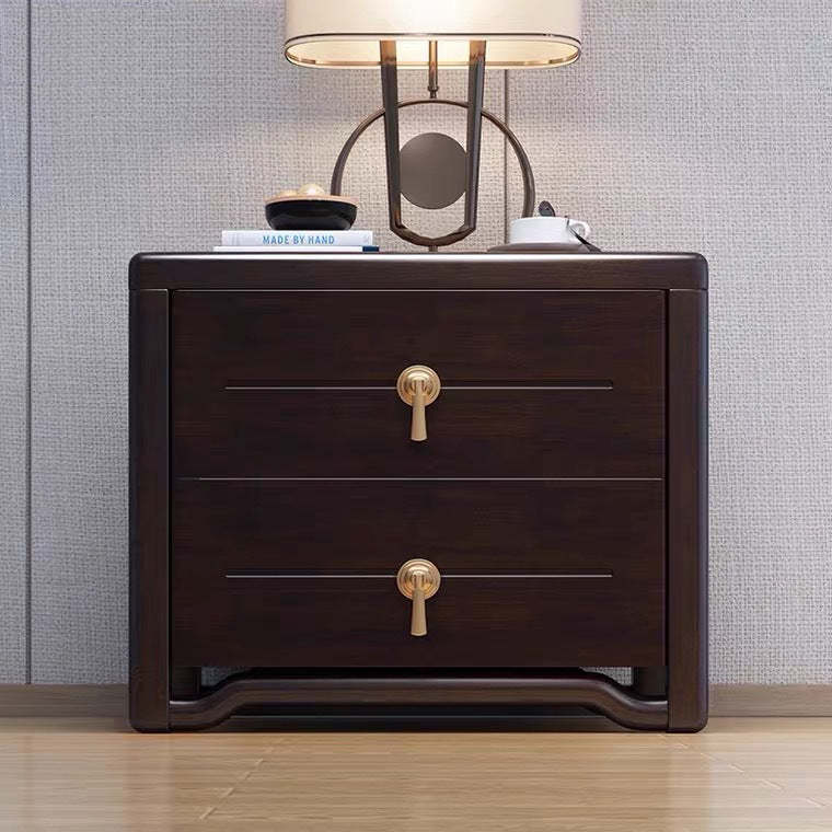 Chinese Solid Wood Brass Rounded 2-Drawer Nightstand — Black