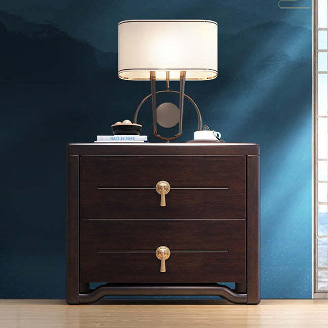 Chinese Solid Wood Brass Rounded 2-Drawer Nightstand