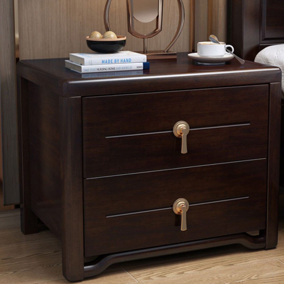 Chinese Solid Wood Brass Rounded 2-Drawer Nightstand