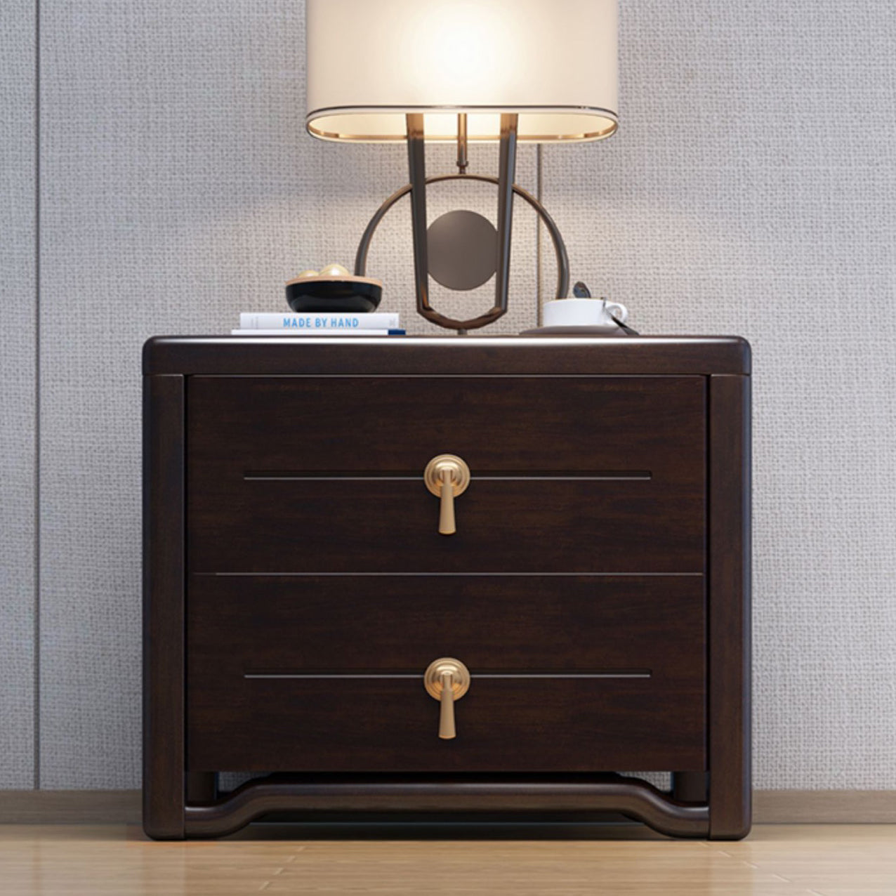 Chinese Solid Wood Brass Rounded 2-Drawer Nightstand