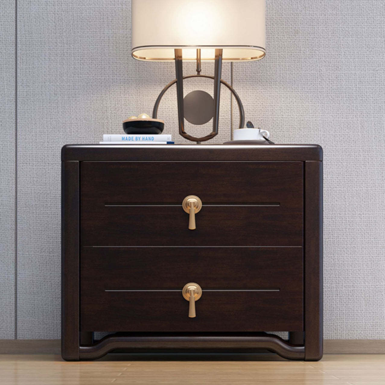 Chinese Solid Wood Brass Rounded 2-Drawer Nightstand