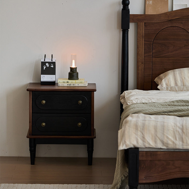 Vintage Walnut Oak Rounded 2-Drawer Nightstand — Black Walnut Color