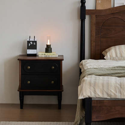 Vintage Walnut Oak Rounded 2-Drawer Nightstand — Black Walnut Color