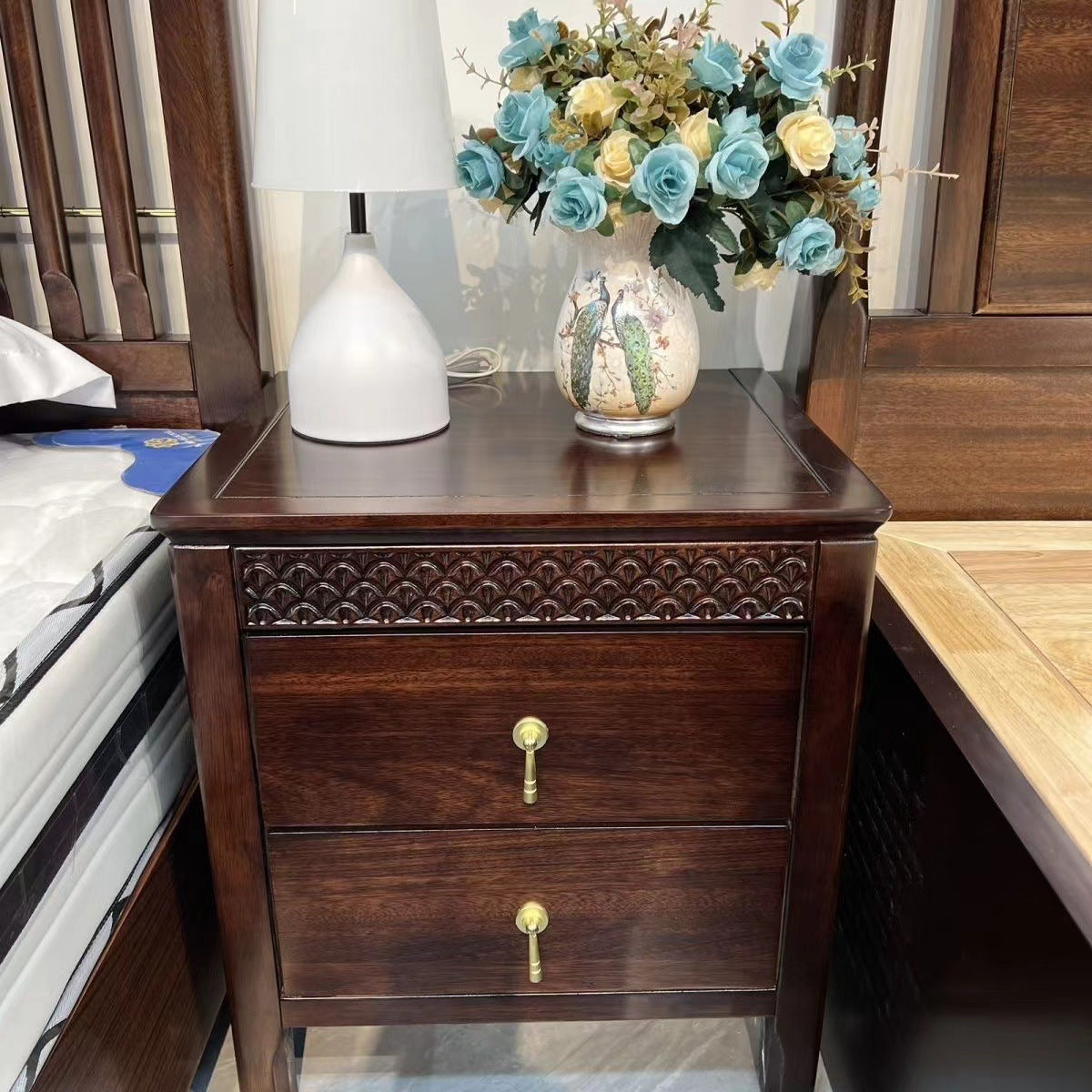 Chinese Solid Wood Wavy 2-Drawer Nightstand — B