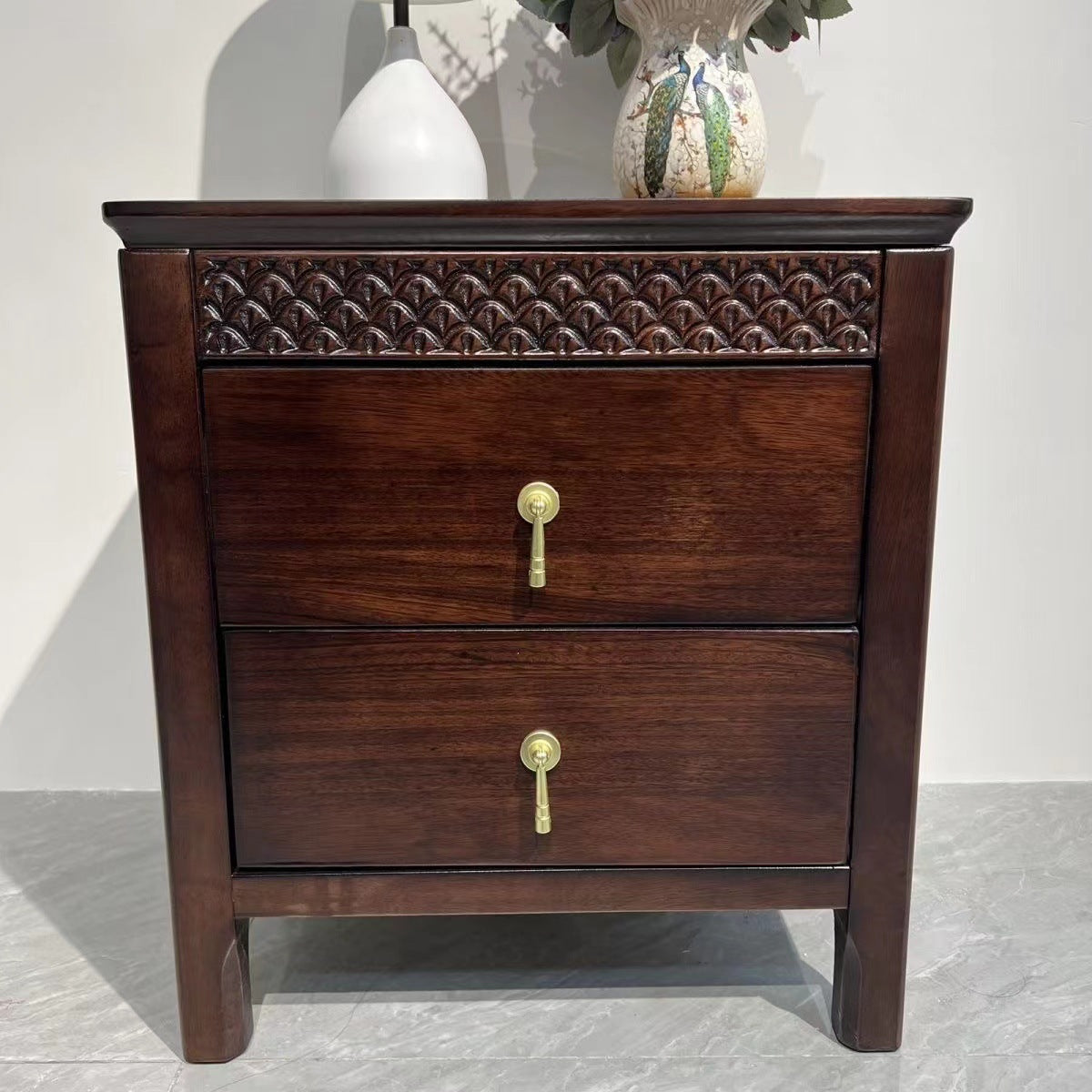 Chinese Solid Wood Wavy 2-Drawer Nightstand