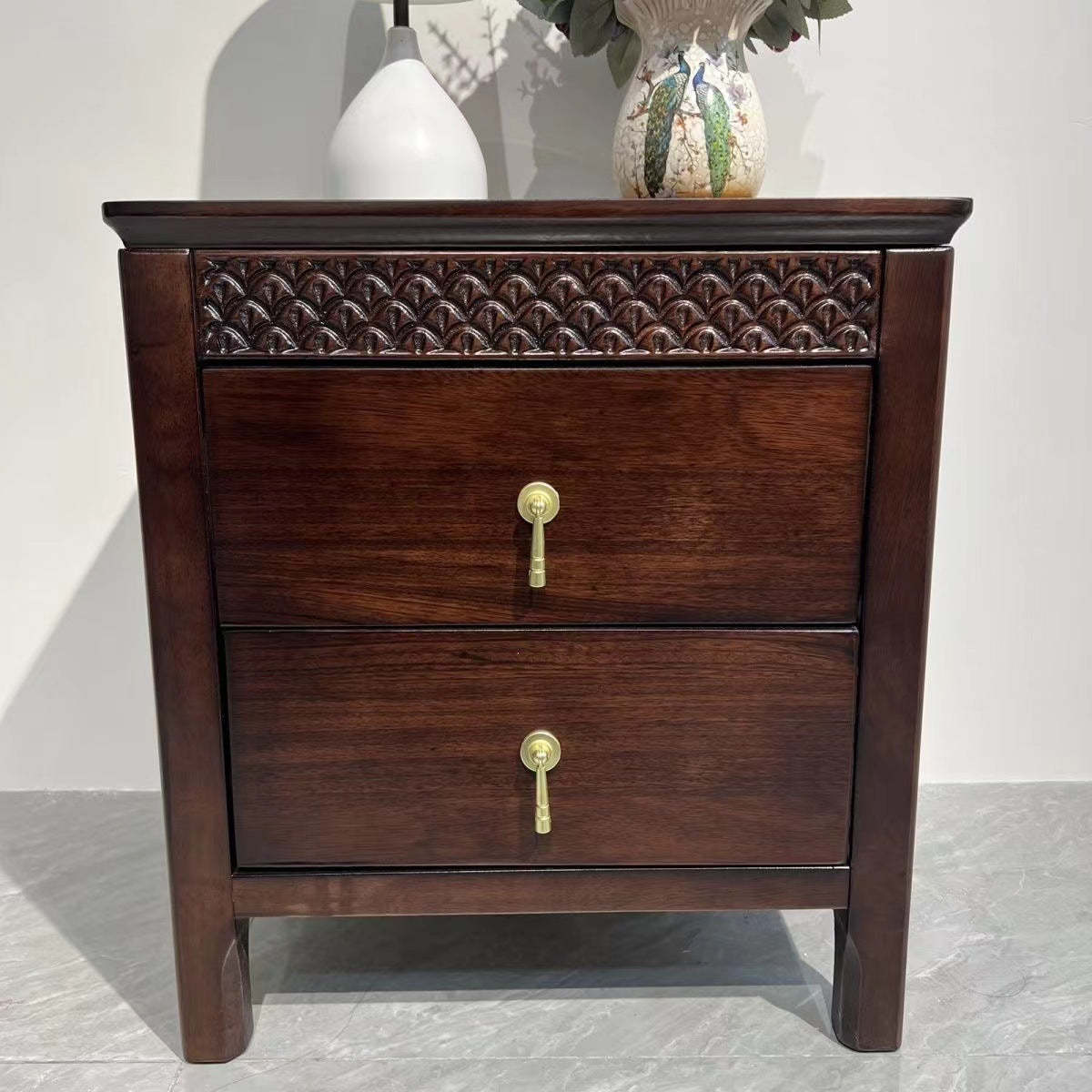 Chinese Solid Wood Wavy 2-Drawer Nightstand