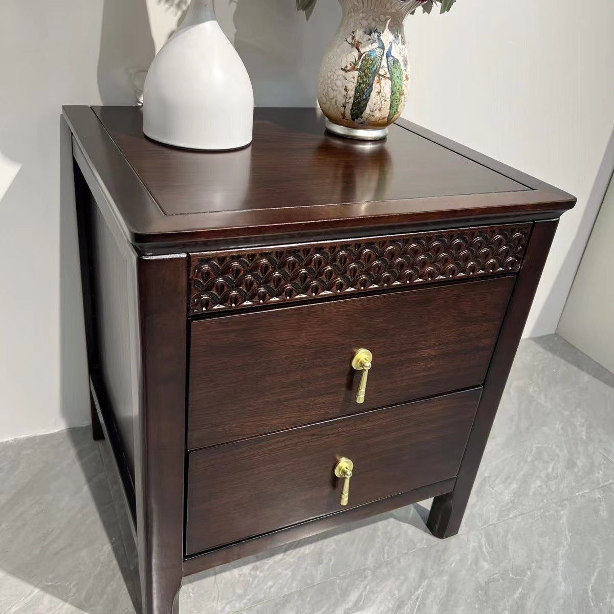 Chinese Solid Wood Wavy 2-Drawer Nightstand — C