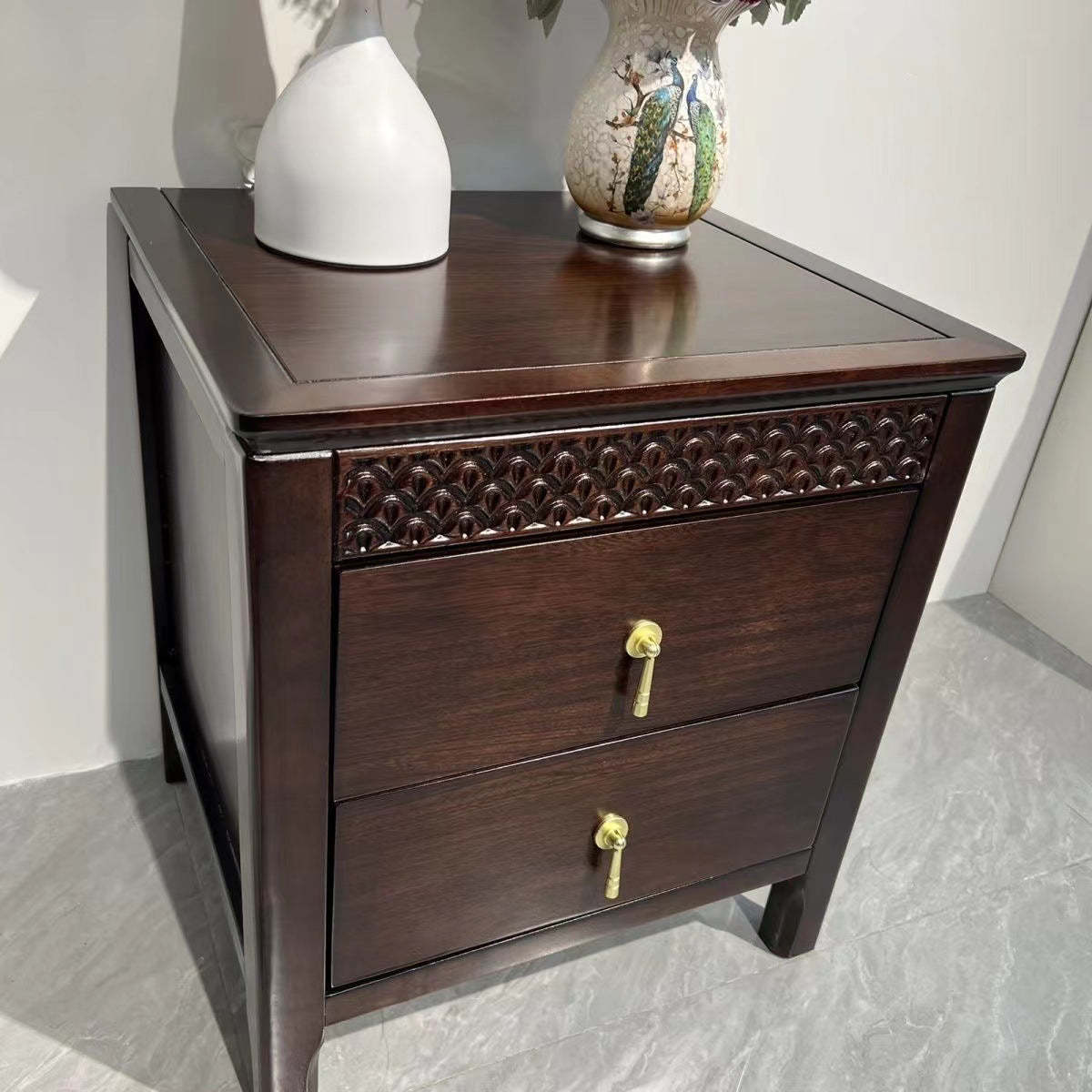 Chinese Solid Wood Wavy 2-Drawer Nightstand — C