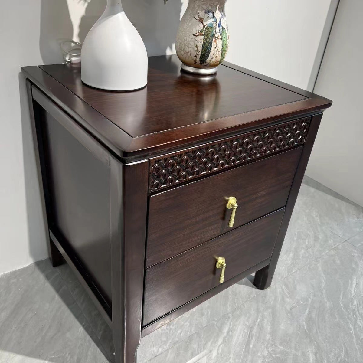 Chinese Solid Wood Wavy 2-Drawer Nightstand