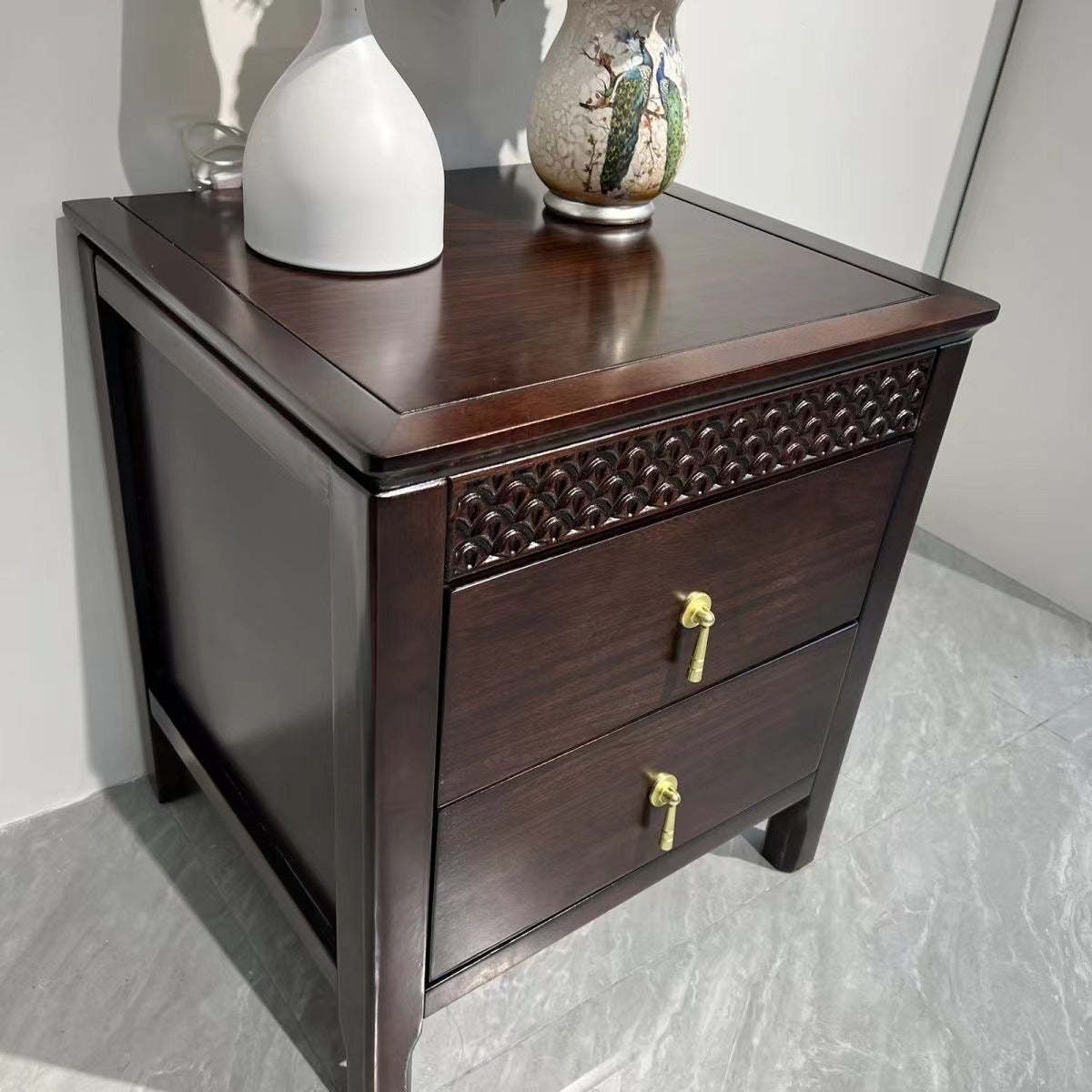 Chinese Solid Wood Wavy 2-Drawer Nightstand