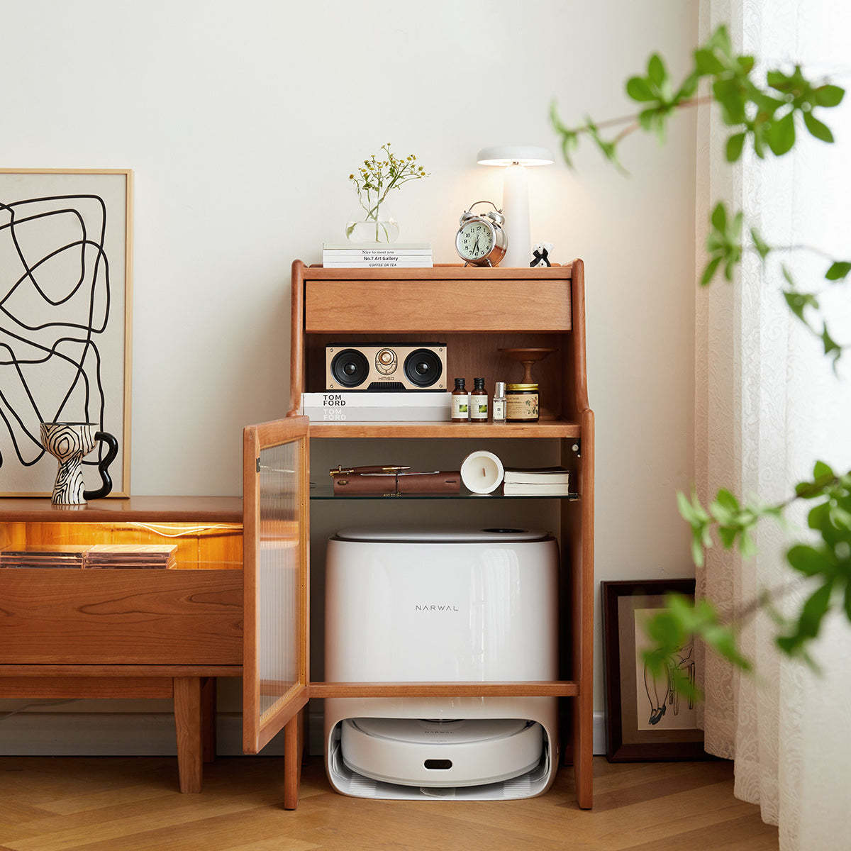Scandinavian Oak Glass Rectangular 2-Tier Side Table