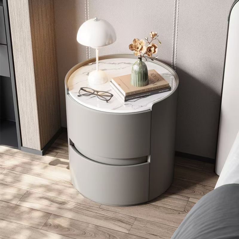 Contemporary Scandinavian Faux Leather Solid Wood Cylindrical Round Nightstand 2-Drawer For Bedroom