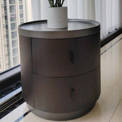 Minimalist Ash Wood Round 2-Drawer Nightstand — Black