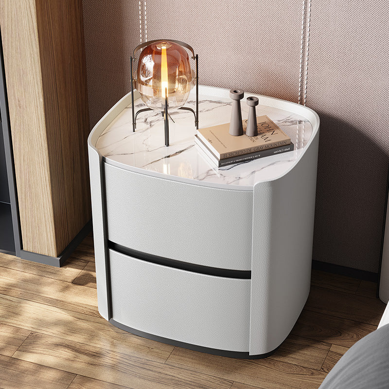 Minimalist Sintered Stone 2-Drawer Nightstand — Gray + White