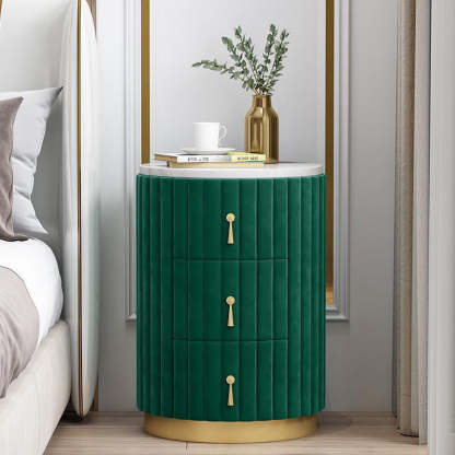 Minimalist Velvet Marble Iron Round Pleated Nightstand — Green