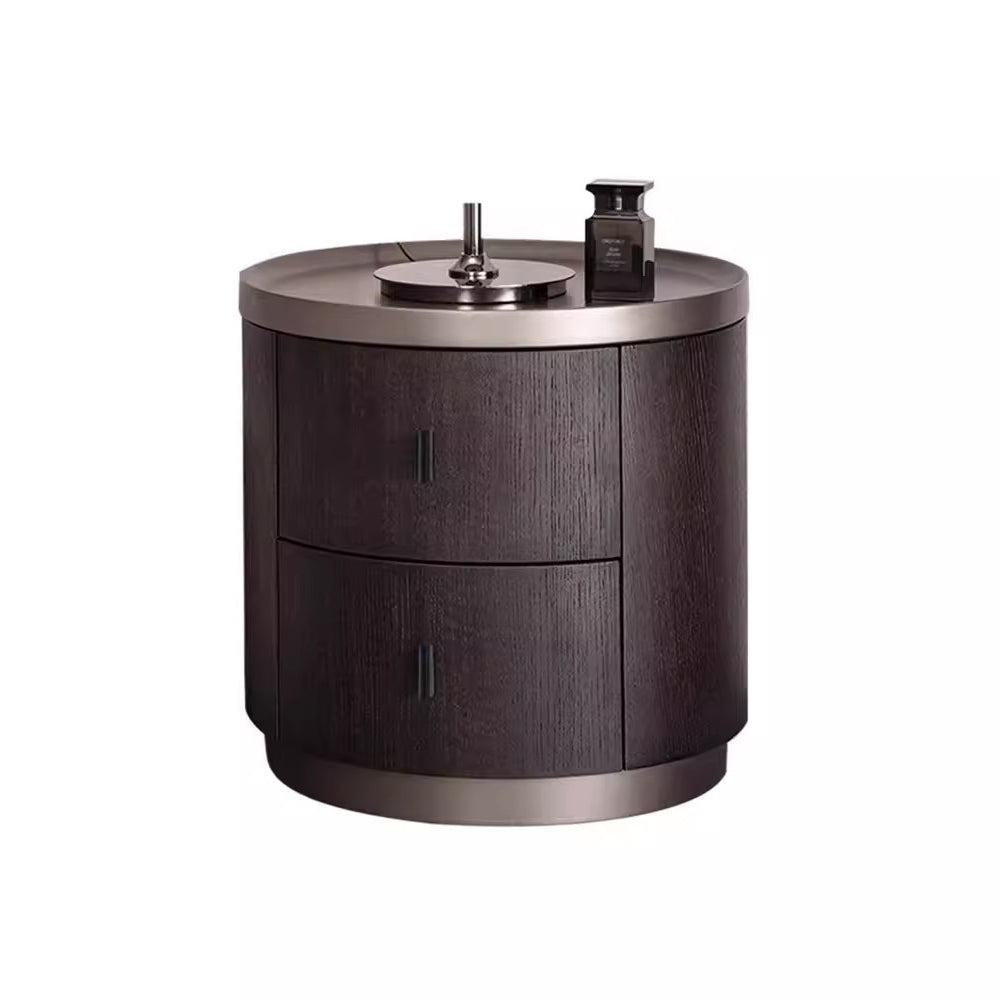 Minimalist Solid Wood Metal Round Cylindrical Nightstand