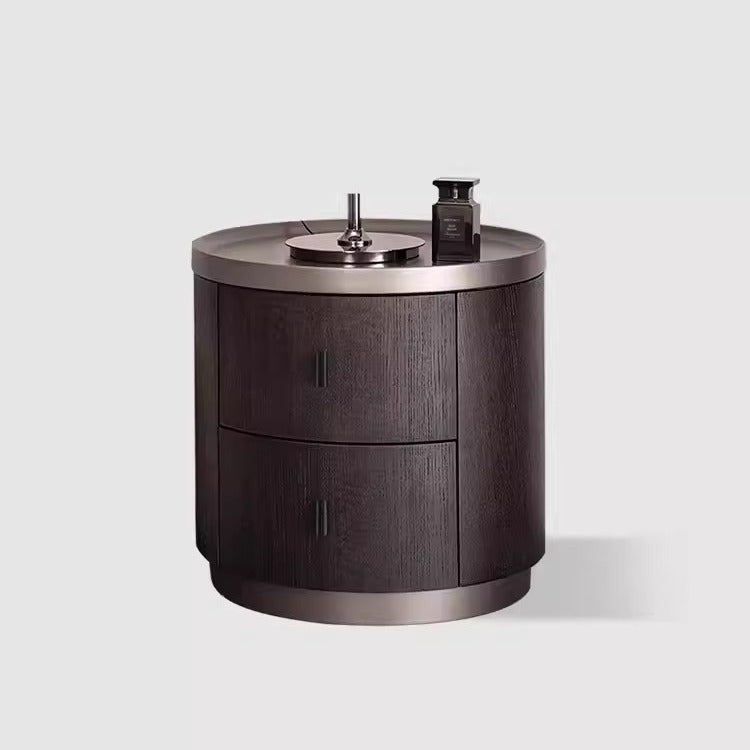 Minimalist Solid Wood Metal Round Cylindrical Nightstand