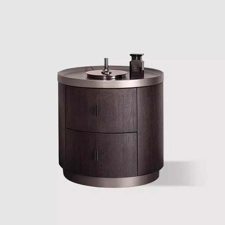 Minimalist Solid Wood Metal Round Cylindrical Nightstand