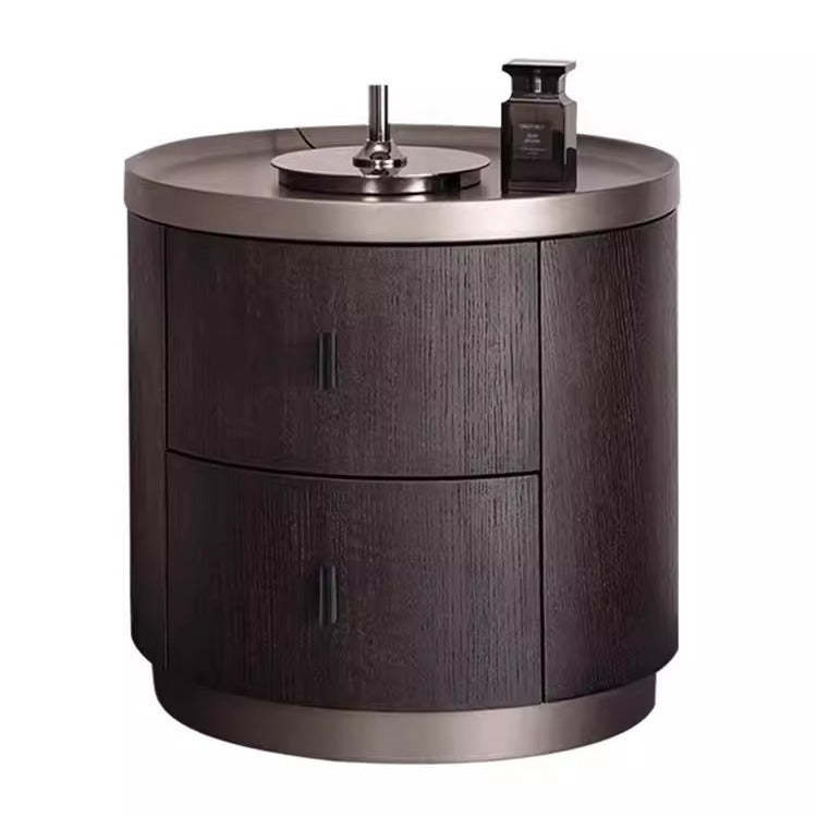 Minimalist Solid Wood Metal Round Cylindrical Nightstand