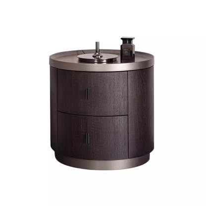 Minimalist Solid Wood Metal Round Cylindrical Nightstand