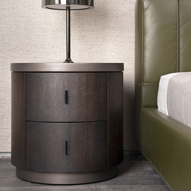 Minimalist Solid Wood Metal Round Cylindrical Nightstand — Smoky Color