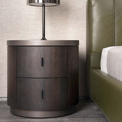 Minimalist Solid Wood Metal Round Cylindrical Nightstand — Smoky Color