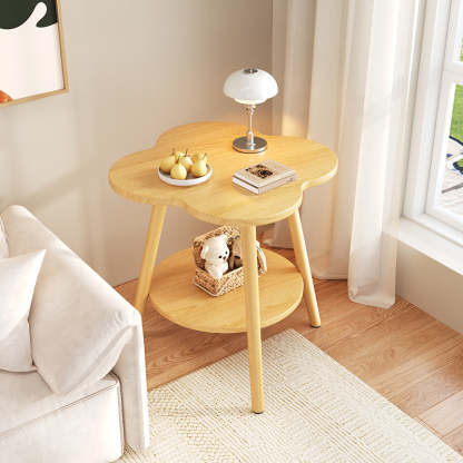 Contemporary Wood Metal Flower Round End Table — Original Wood Color