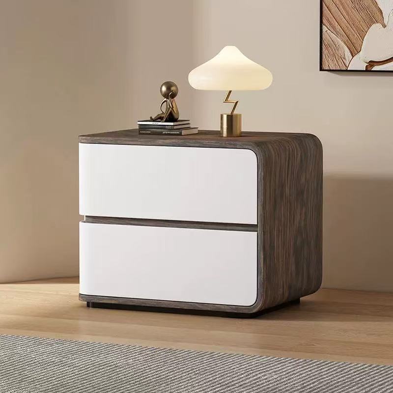 Contemporary Wood Faux Leather 2-Drawer Nightstand — Orange / Right