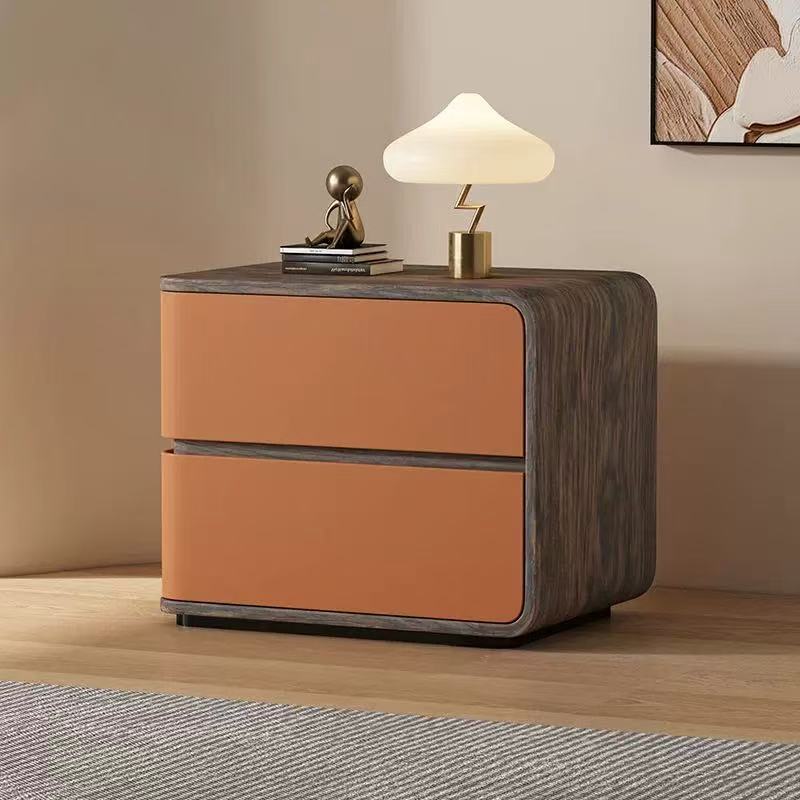 Contemporary Wood Faux Leather 2-Drawer Nightstand — Beige / Left