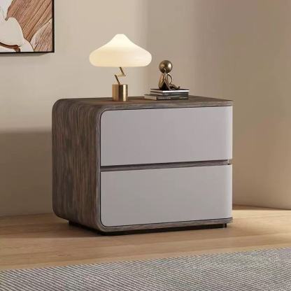 Contemporary Wood Faux Leather 2-Drawer Nightstand — Beige / Right