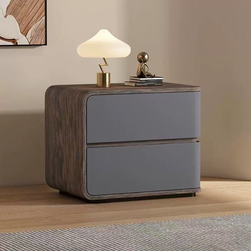 Contemporary Wood Faux Leather 2-Drawer Nightstand — Light Gray / Left