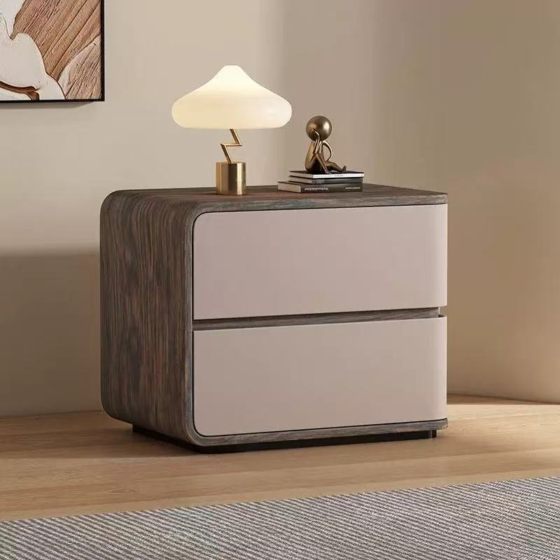 Contemporary Wood Faux Leather 2-Drawer Nightstand — Light Gray / Right