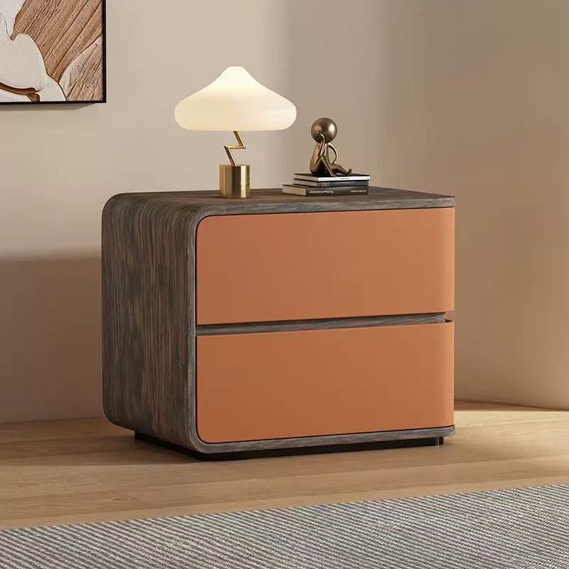 Contemporary Wood Faux Leather 2-Drawer Nightstand — Dark Gray / Right