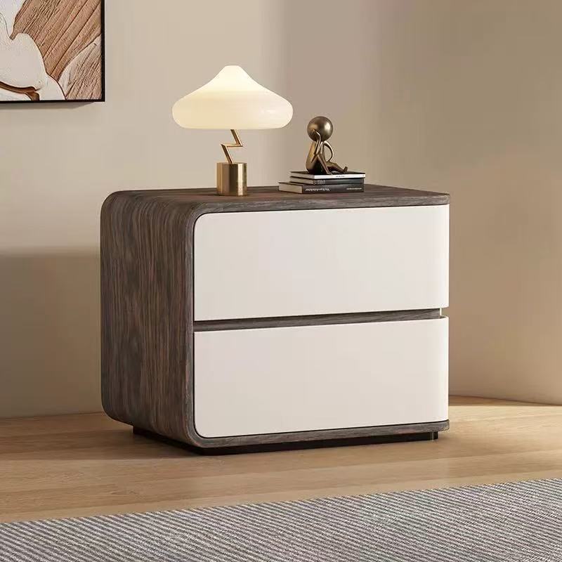 Contemporary Wood Faux Leather 2-Drawer Nightstand — Orange / Left