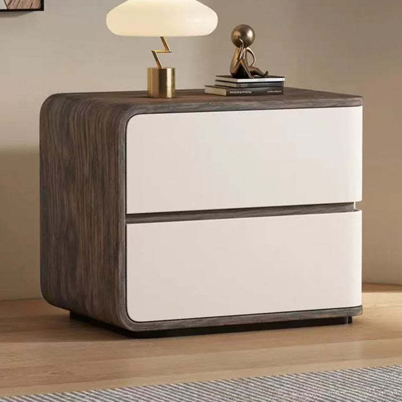 Contemporary Wood Faux Leather 2-Drawer Nightstand — Beige / Left