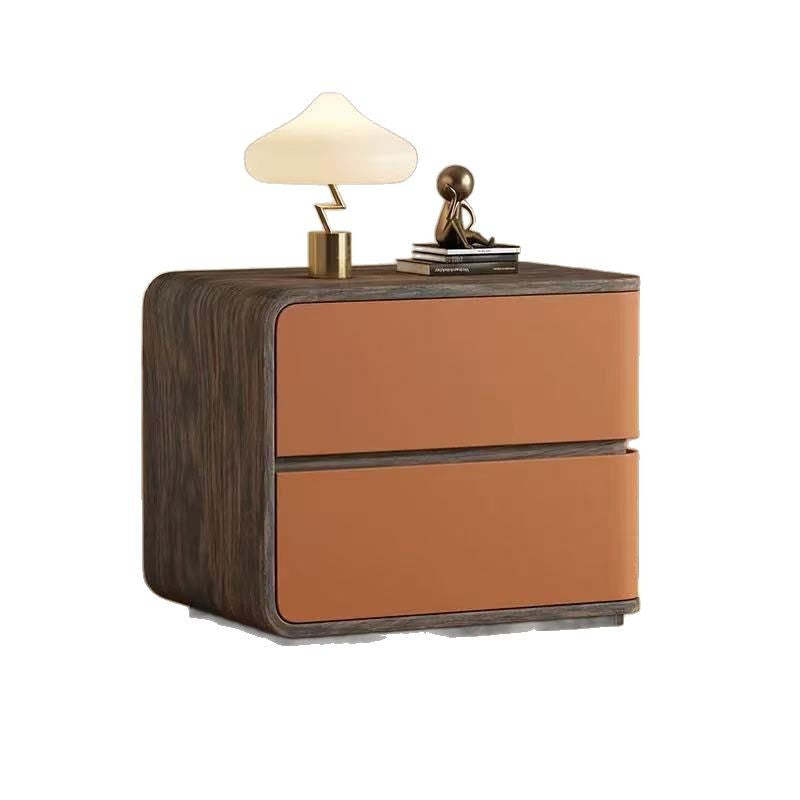 Contemporary Wood Faux Leather 2-Drawer Nightstand — Orange / Right