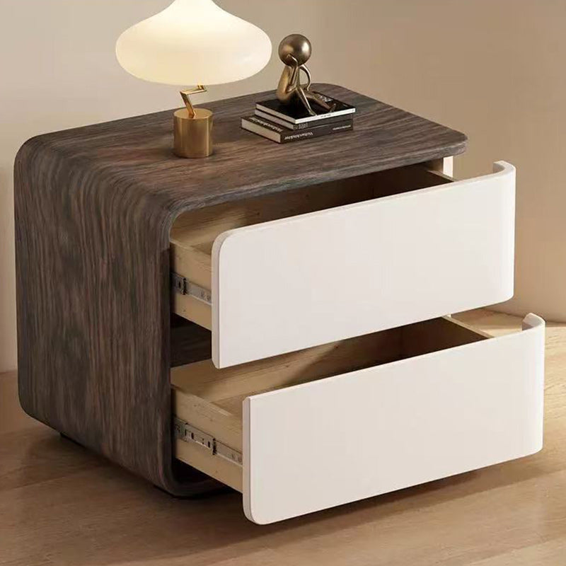 Contemporary Wood Faux Leather 2-Drawer Nightstand — Khaki / Left