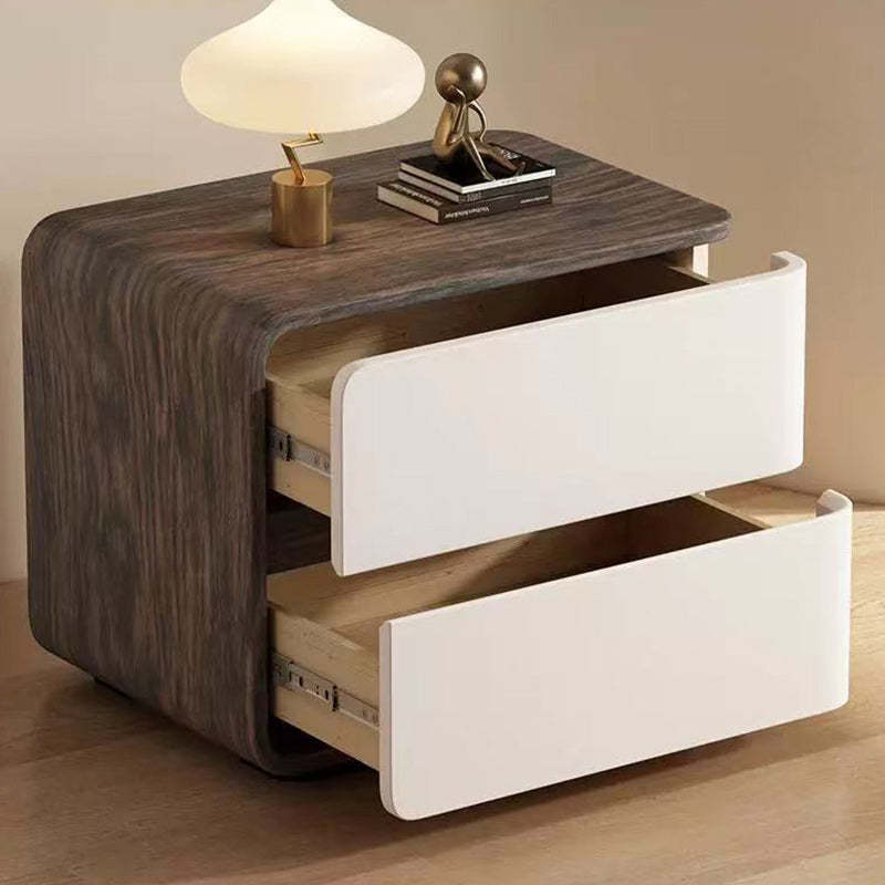 Contemporary Wood Faux Leather 2-Drawer Nightstand — Khaki / Left