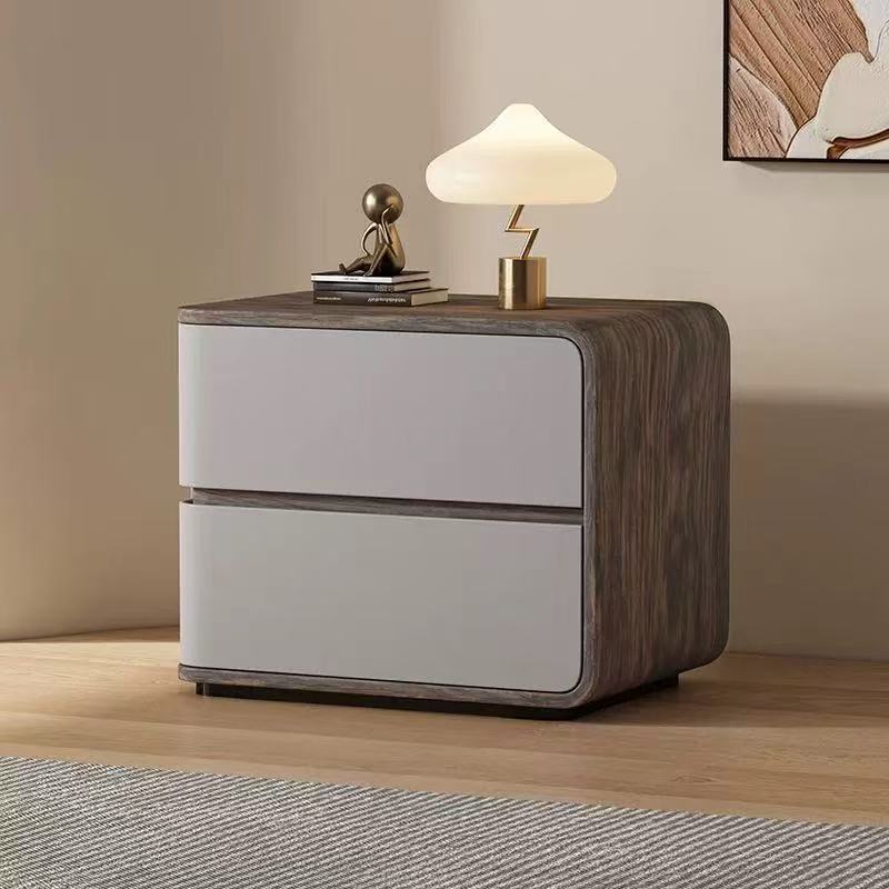 Contemporary Wood Faux Leather 2-Drawer Nightstand — Khaki / Right